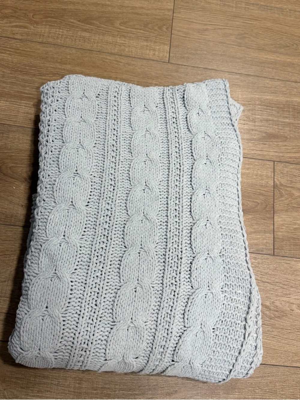 Pottery Barn Light Gray green Cable Knit throw blanket